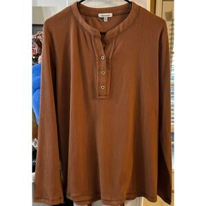 White Birch Women's Brown Henley Textured Long Sleeve Shirt Soft Size XL‎